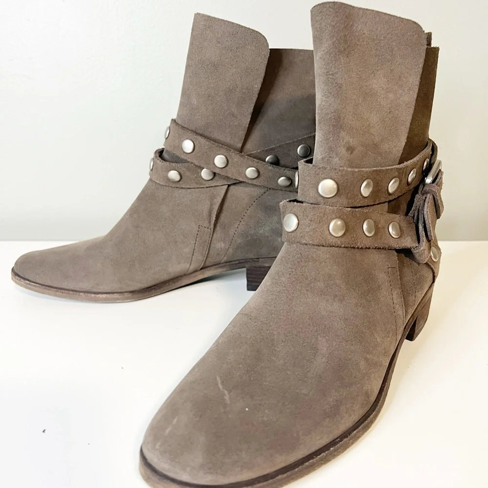 See by Chloe Neo Janis Metal Studded Buckle Suede Taupe Slip On Ankle Boot - Picture 2 of 9
